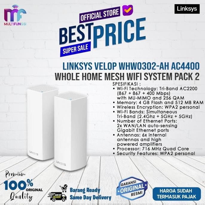 

Linksys Velop WHW0302-AH AC4400 Whole Home Mesh Wifi System Pack 2