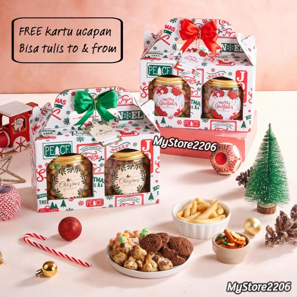 

Hampers Parcel Natal Christmas Cookies Kue Kering Choco Chips, Gem Rose, Soes Chocolate 2 Jar 600ml