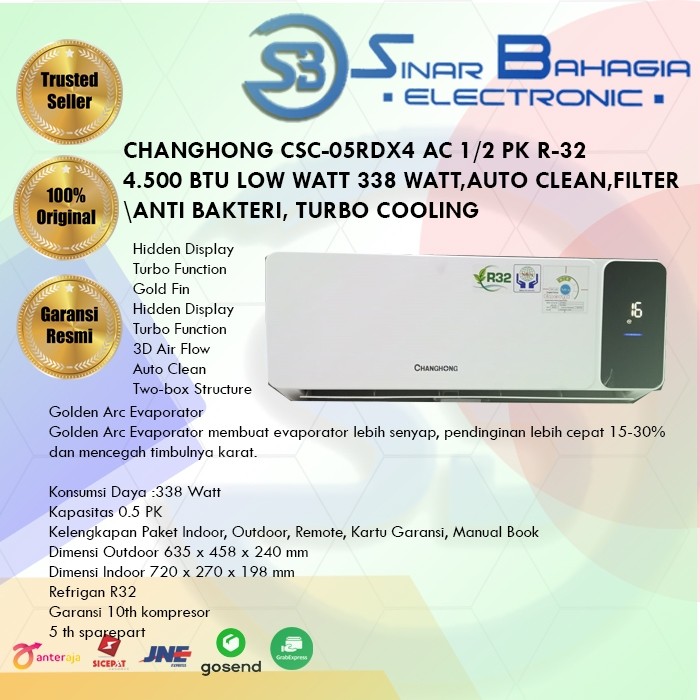 CHANGHONG CSC-05RDX4 AC 1/2 PK R-32 4.500 BTU LOW WATT 338 WATT , AUTO CLEAN, FILTER ANTI BAKTERI, T