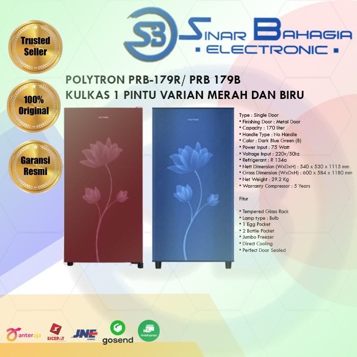 POLYTRON PRB-179R/ PRB 179B KULKAS 1 PINTU (NEW) (KHUSUS BANDUNG)