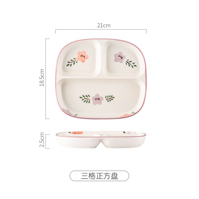 PIRING KERAMIK SEKAT TIGA 3 MOTIF BUNGA ALA KOREA / PIRING MAKAN DIET