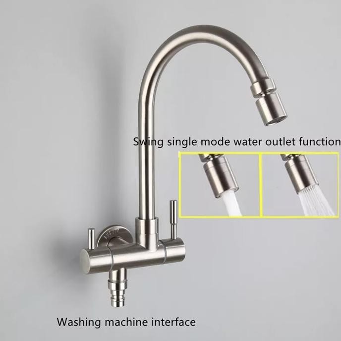 Keran Bebek Angsa Cabang 2 Stainless 304. Keran Sink Dapur, Mesin Cuci