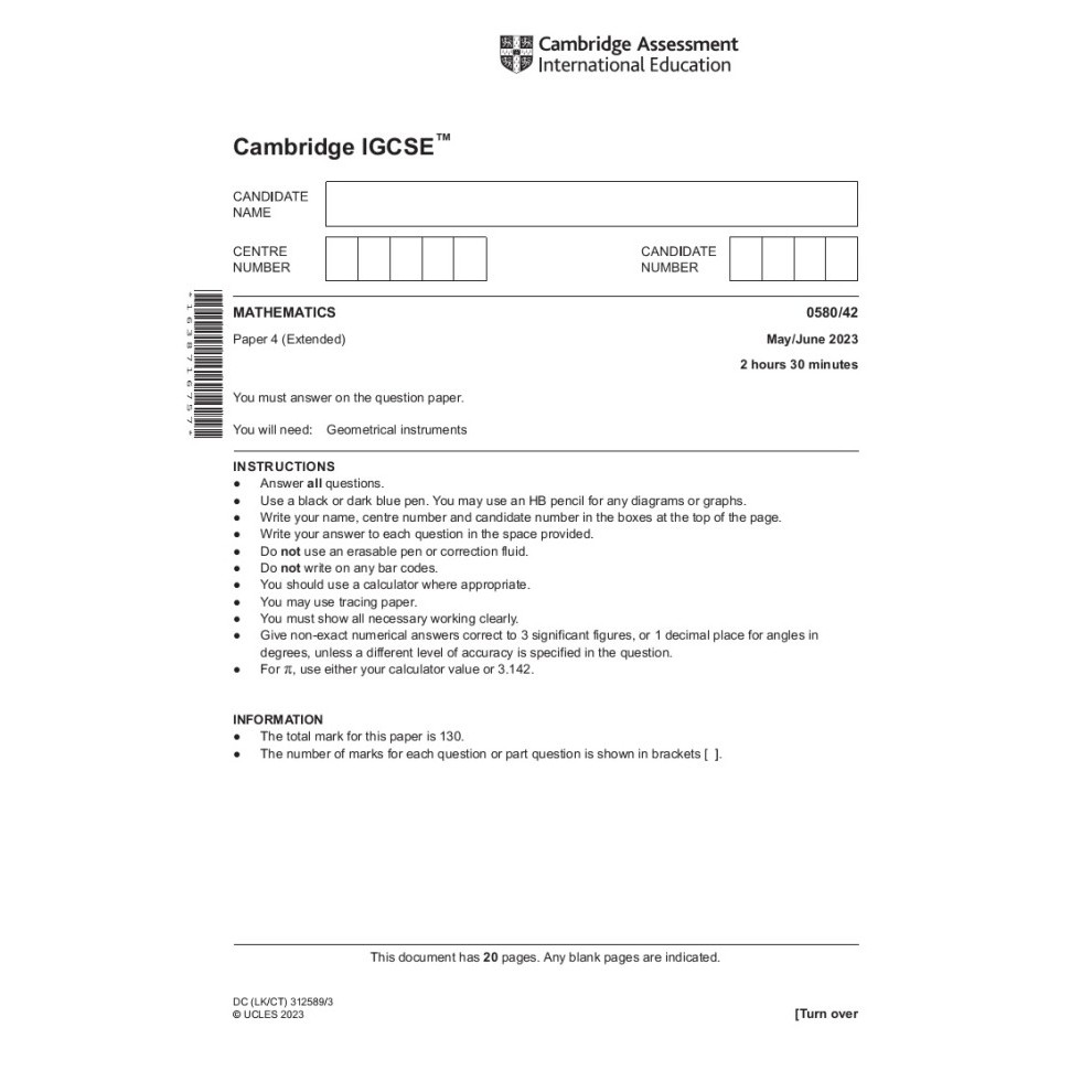 Igcse Math 0580 2017-2023 Extended May/June Past Papers & Mark Schemes Terbaru 100 % Original
