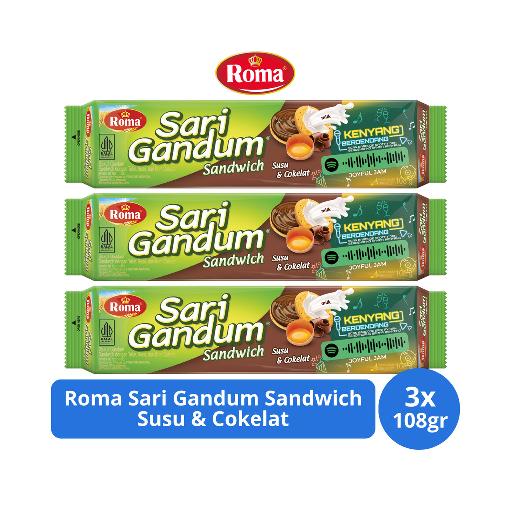

Roma Sari Gandum Sandwich Susu & Cokelat 108gr x 3 pcs