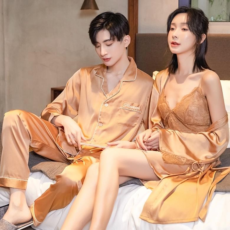 nosril 2202 lingerie preum satin set kimono / baju tidur couple wanita seksi dan pria lengan pendek