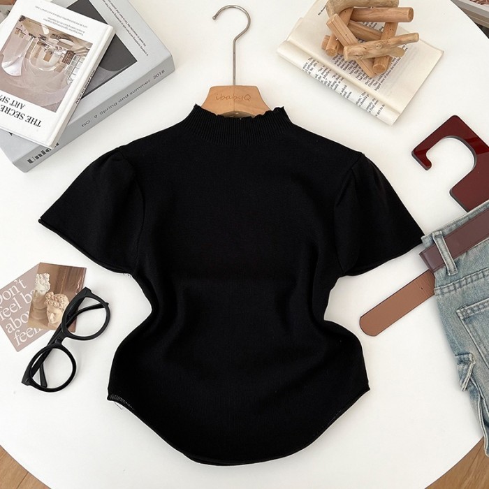 NEW Baju Atasan Rajut Wanita Inner Turtleneck Kerah Tinggi Lengan Pendek 1647 - Hitam