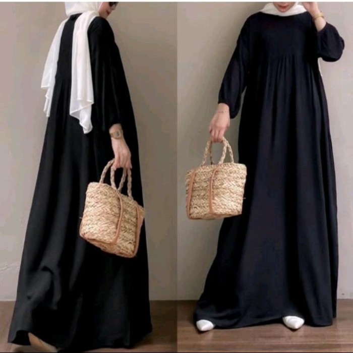 Gamis Hasni Midi Dress Gamis Wanita Bahan Rayon Katun Santai Polos COD - Black, all size terbaru mew