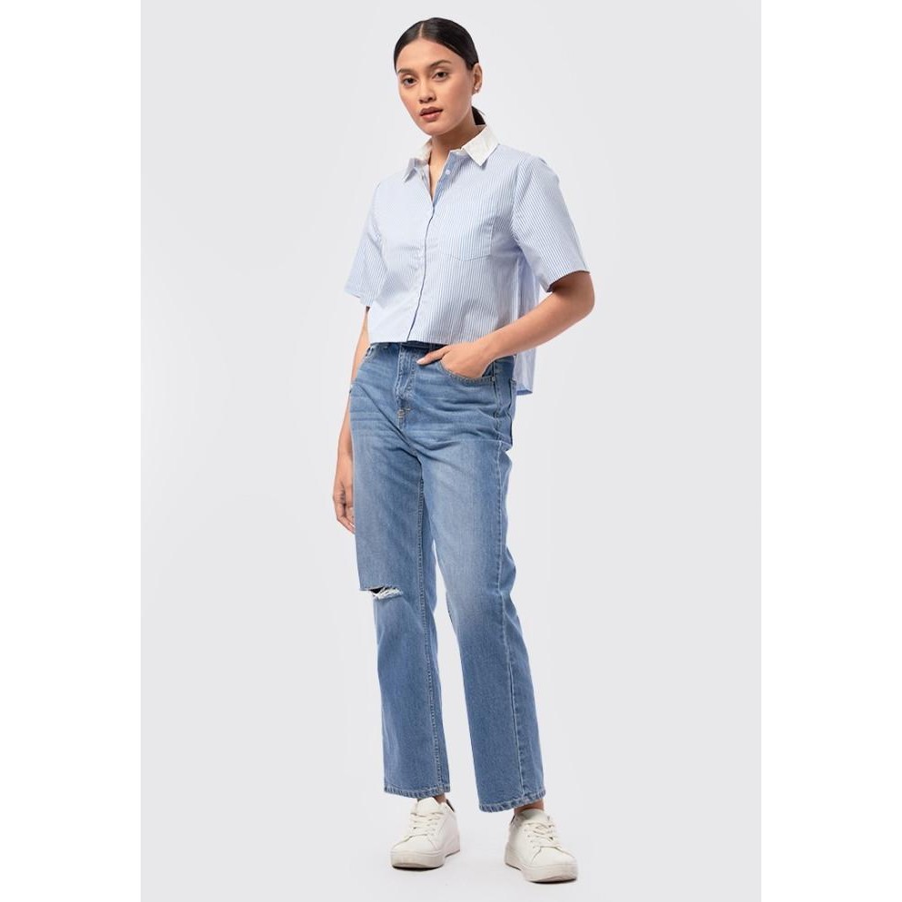 

BLUE- EXECUTIVE SHORT SLEEVES STRIPES CROP SHIRT 5-BSWKSG224I121 LT. BLUE