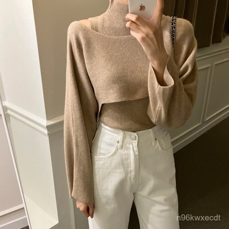 2024Spot Goods  South Korea chic Autumn and Winter New Elegant Small Turtleneck Knitted Vest+Two-Pie