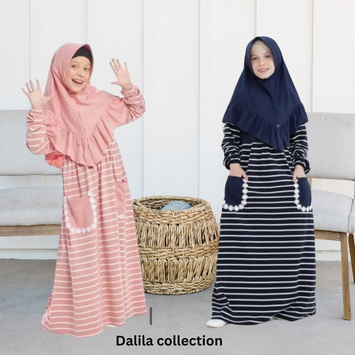Promo Gamis anak motif garis | Gamis kaos anak Raggakids stripe |Baju muslim - Navy Jilbab, S