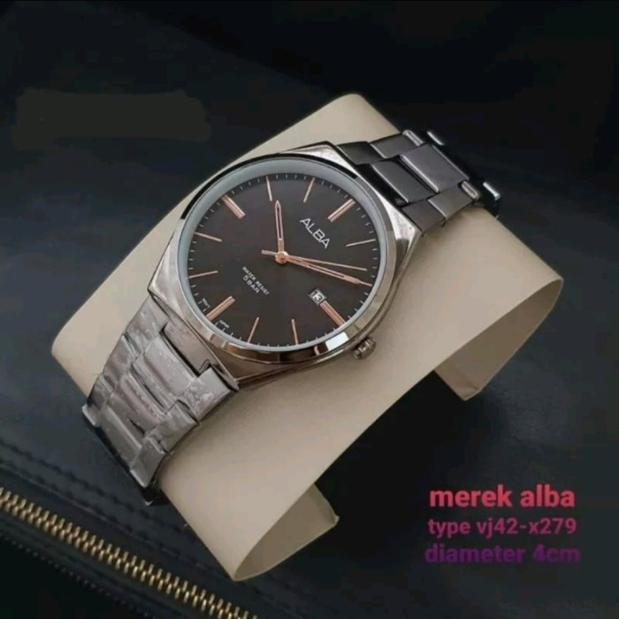Free Ongkir Jam Tangan Alba 4D1741 Pria Cowok Analog Tanggal Aktif Rantai Stainles - Hitam