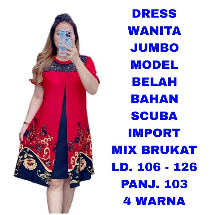 Lellay - Dress Wanita Jumbo Model Belah Baju Imlek Sincia Natal Merah Hijau