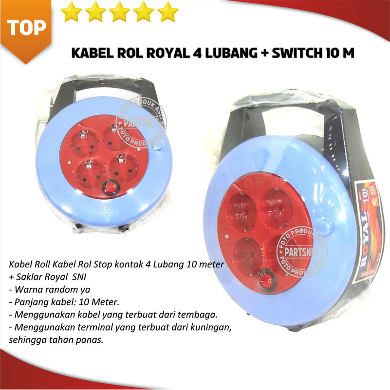 Kabel Roll Kabel Rol Stop kontak 4 Lubang 10 meter + Saklar Royal  SNI