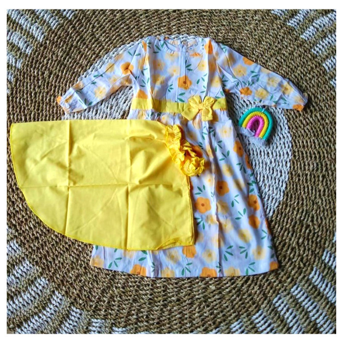 TERLARIS Gamis Katun Kerudung Polos Motif kuning Hijau daun baju gamis anak - Kuning Jingga, Size 5t