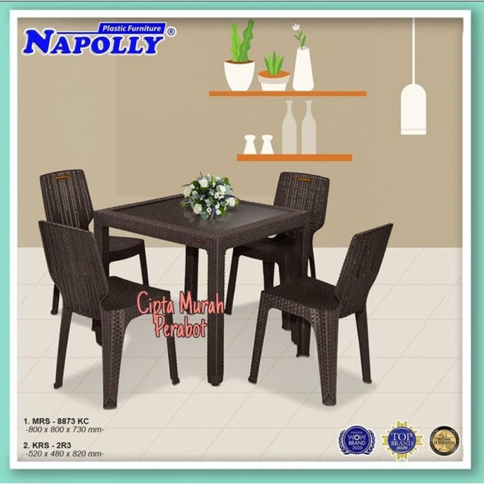 Meja Makan Kursi Set Napolly Rotan Plastik + Kaca