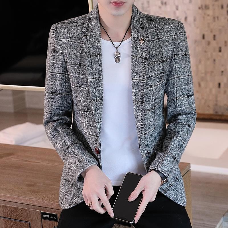 Blazer Pria, Blazer Pria Kasual Baru, Blazer Kotak-kotak, Mode Tren Single West