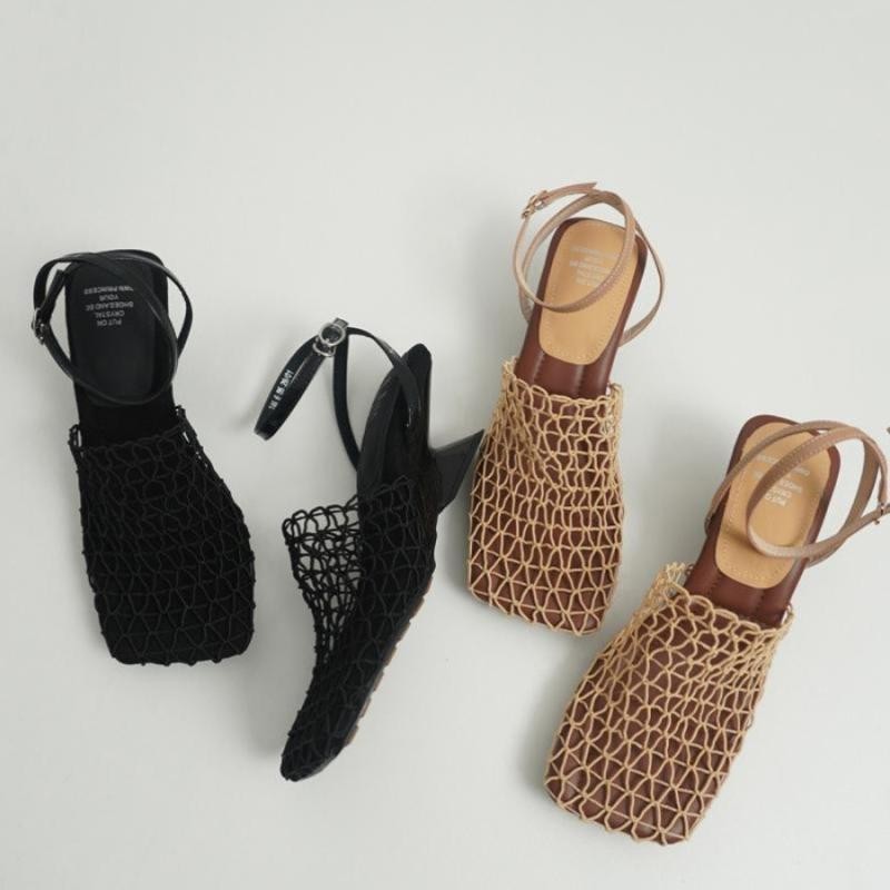 Sepatu Wanita Hak Tinggi, Sandal Wanita Hak Tinggi, Hak Chunky, Rongga, Tenunan Vintage