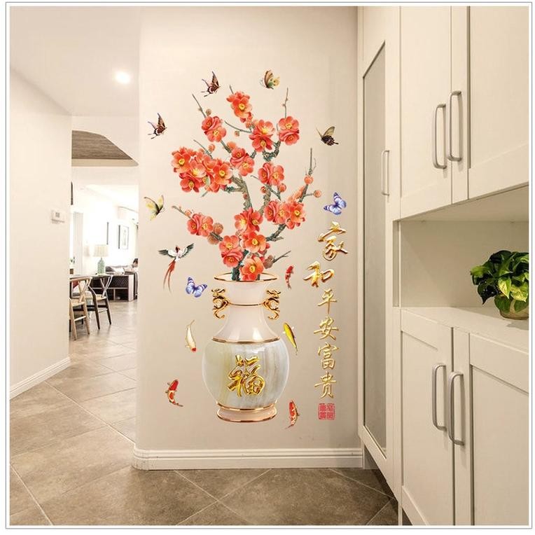Mlarak Store Reliza Wall Sticker Vase Plum Chinese Orange Guci Dobel Jumbo Bunga Imlek Wall Sticker 