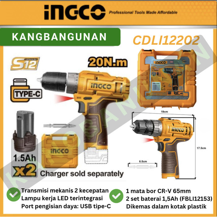 Mesin Bor Baterai 12V Type C + 2 Baterai INGCO CDLI12202