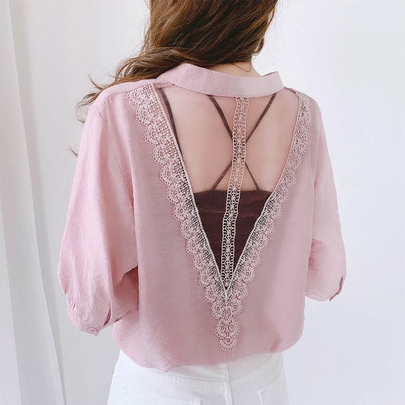 Summer New Women's Loose Chiffon Top V-neck Lace Backless Short Sleeve Shirt