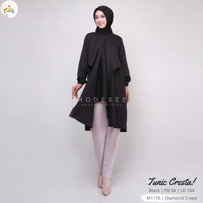 Tunik Panjang Hitam Polos Layer Cresta Wanita Muslim M1176 - COD - M terbaru panjang