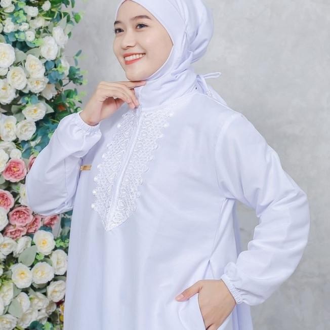 Baju Gamis Wanita Umroh Haji Ihrom Ihram Saku Resleting Renda Katun