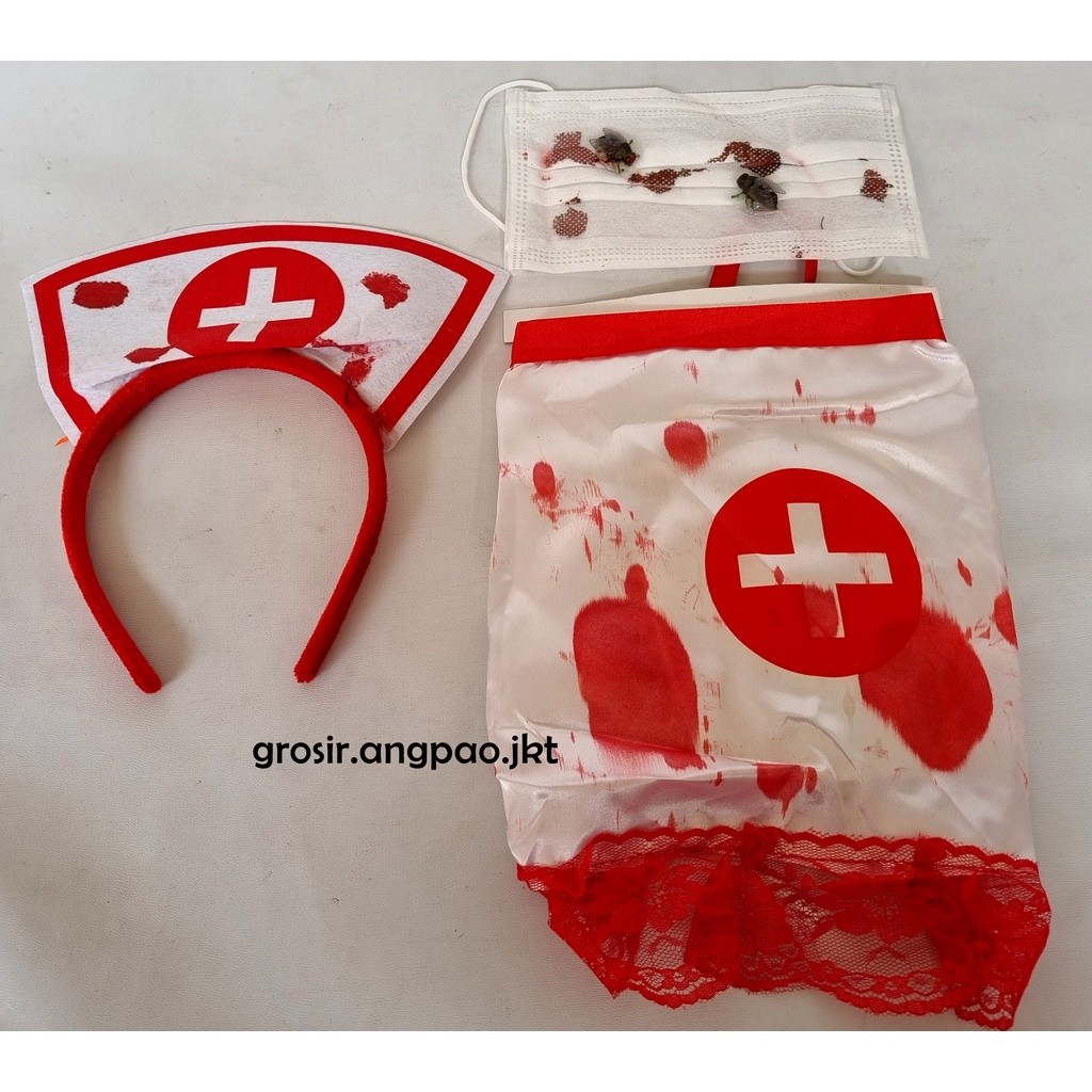 CUCI GUDANG  PROMO BAJU DASTER  Kostum Bando Masker Suster Set Halloween Party Cosplay Hantu