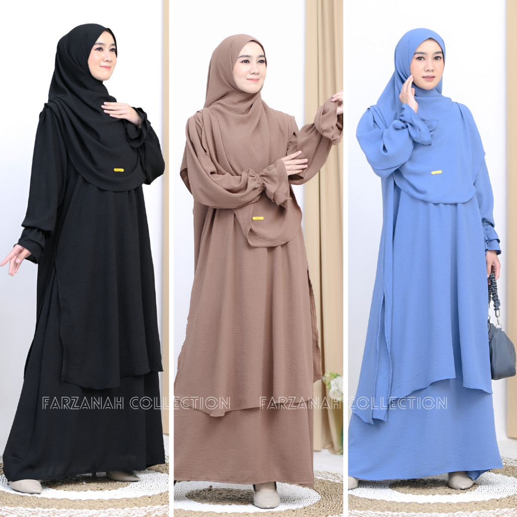 Baju Muslim Halus & Tebal Terbaru One Set Tunik Melayu Khadijah Set Rok Dengan Pasmina Crinkle