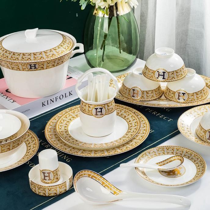 Piring Makan Hermes Set Keramik isi 60pcs/ Hadiah Kado Wedding Mewah [terbaik]