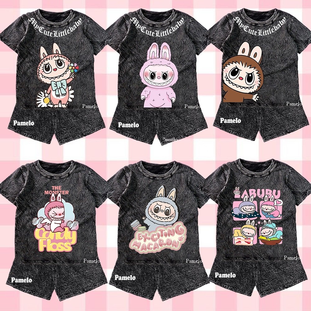 Setelan Baju Anak Lucu Pamelo Stelan Wash Anak Unisex Labubu Wash One set Anak Stone Wash Polos Anak