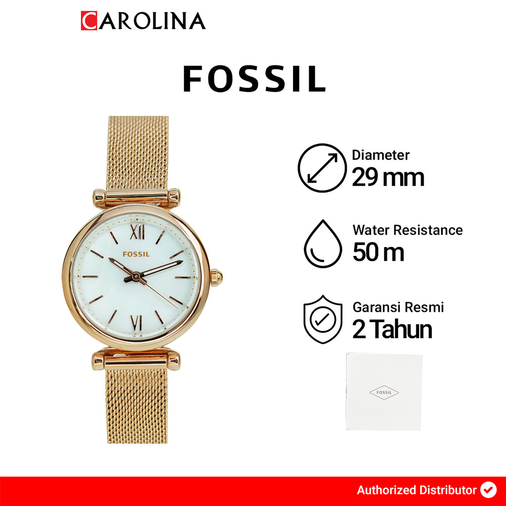 Jam Tangan Wanita FOSSIL Carlie Mini ES4433 White Mother of Pearl Dial Rose Gold Stainless Steel Str