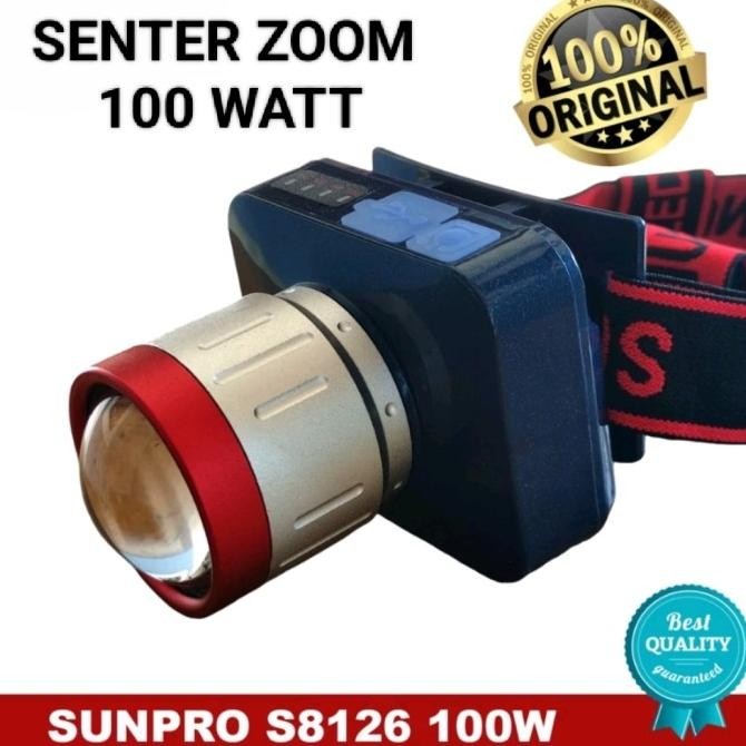 Sunpro Senter Kepala Zoom 100 Watt Super Terang - Senter Zoom Fokus Original Terlaris