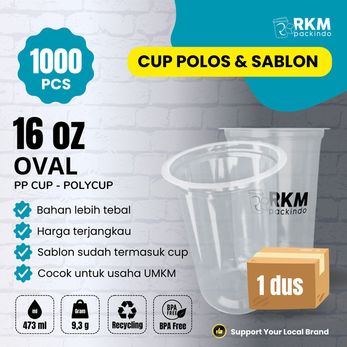 Cup Gelas Polos & Sablon Custom 16oz Oval POLYCUP FREE DESAIN
