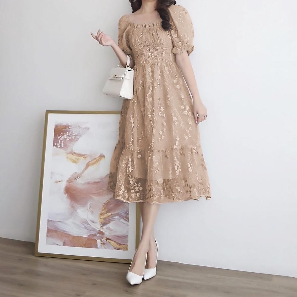 CR - Dress Meldy Dress MATT BROKAT TILE MUTIARA LAPIS FURING LD90-96 PJFURING90 PJBRUKAT100, PINGGAN