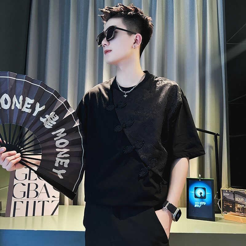 Pria Lengan Pendek Kancing Kodok Gaya Tiongkok Baru T Baju Kaos/Atasan Berpori Motif Trendi