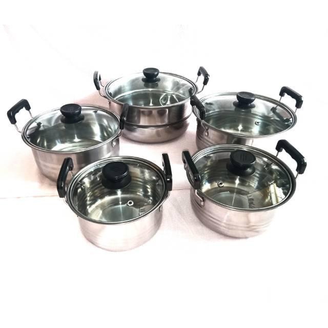 PANCI SET 5 SUSUN TUTUP KACA / PANCI 5 SET STAINLESS STEEL KUAT TEBAL ANTI KARAT / PANCI BERANAK 5 S