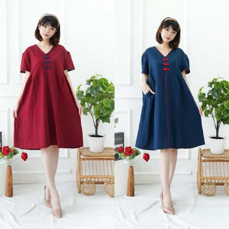 WET Dress Cheongsam Qupao Imlek CNY Maroon Wanita Pesta Party Linen Crinkle