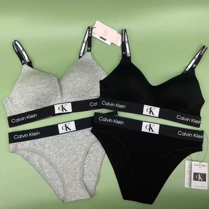 Ori Calvin Klein Underwear Bra+Celana Dalam Set Wanita CK CD Hitam Abu-abu Katun Kenyamanan Tanpa Je