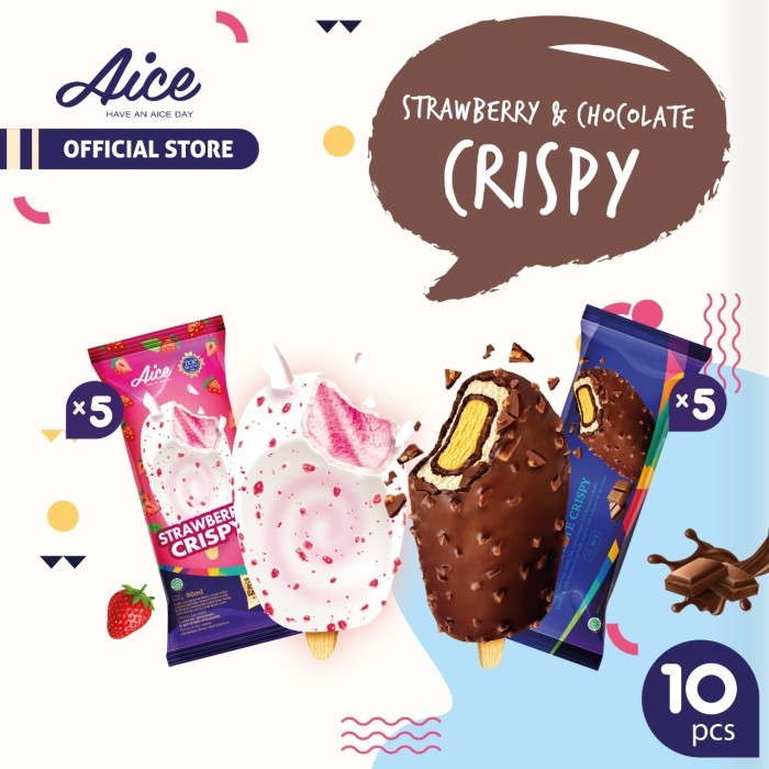 Aice Ice Cream Strawberry Crispy 5 Pcs & Chocolate Crispy 5 pcs Eskrim TERPERCAYA