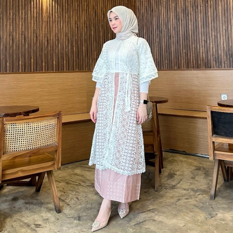 Termurah White Outer Brukat Cardigan Brokat Lengan Pendek Ruffle atasan outher brukat Outer Brokat