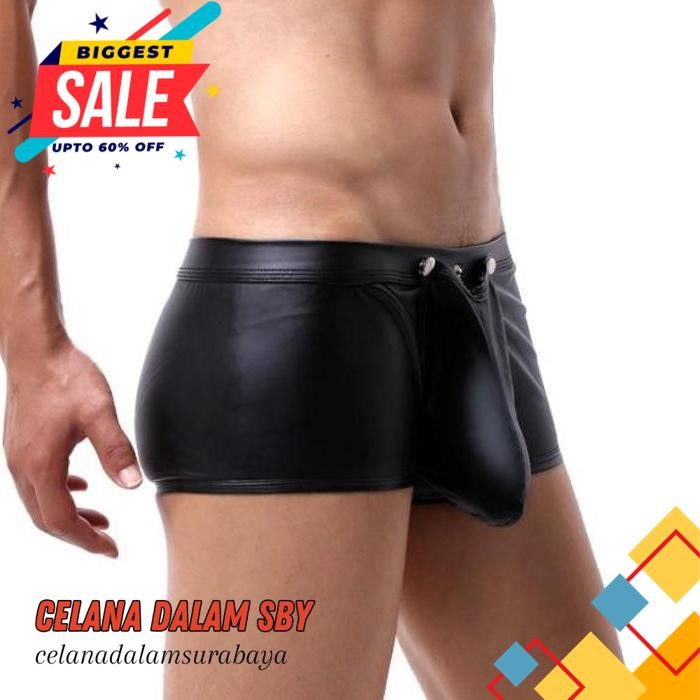 BOXER CELANA DALAM BLACK FAUX LEATHER MEN BOXER CELANA DALAM BOXER KULIT HITAM PRIA A TERBAIK