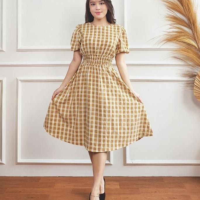 JH Flare Dress Midi Wanita Pinggang Karet Lengan Pendek Motif Kotak 3708