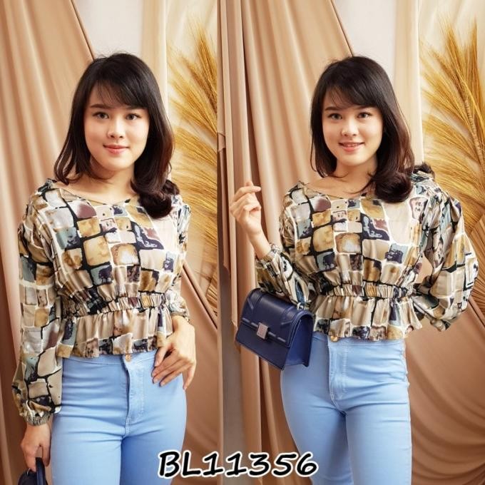 JH Baju Atasan Crop Top Lengan Panjang Pinggang Karet Rayon Motif Bl11356