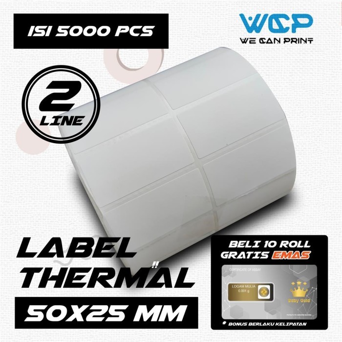 

TERLARIS! LABEL STICKER THERMAL 50X25 KERTAS STIKER 2 LINE 50 X 25 MM 5000 PCS