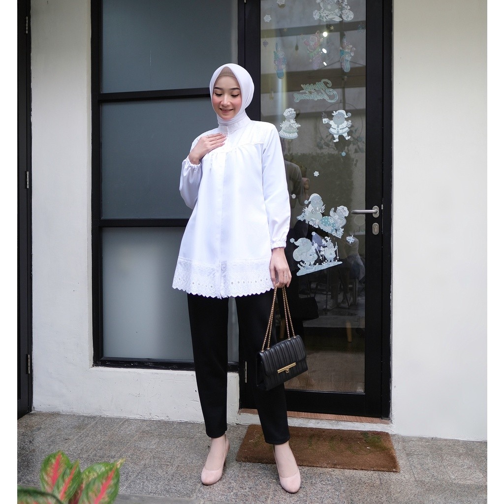 Lyra Blouse Atasan Baju Putih Wanita Muslim Kerja Terbaru bordir