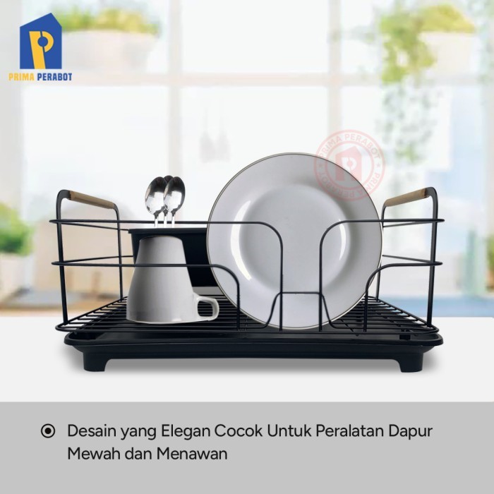 Rak Piring Besi Hitam Gagang Kayu Rak Pengering Piring Premium Dish Dryer Rak Dapur