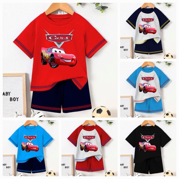STOK TERBATAS ELDEKIDS - Setelan anak Gambar Mobil McQueen cars usia 1-10 tahun baju cowok / cewek