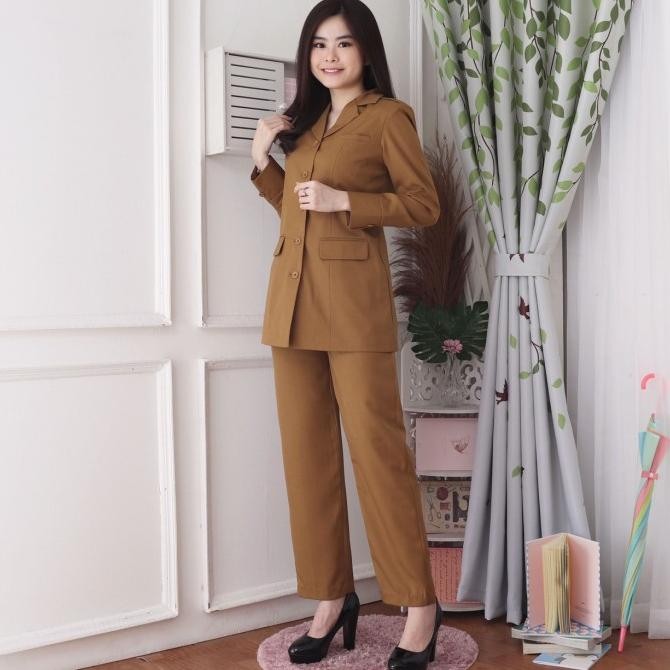 Seragam PNS Wanita Jas Pemda PDH Guru Khaki Tua Set Celana - 7009