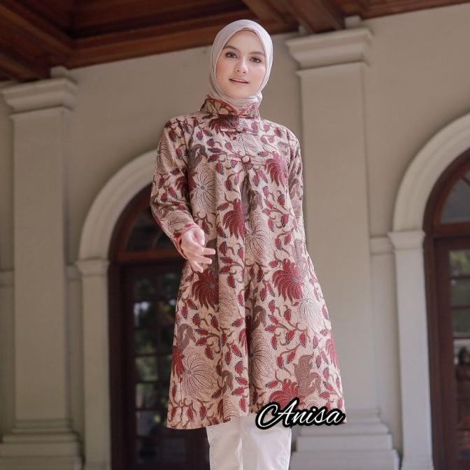 Baju Wanita Tunik Kombinasi Batik Fashion Blouse Kombinasi Motif Daun BAT