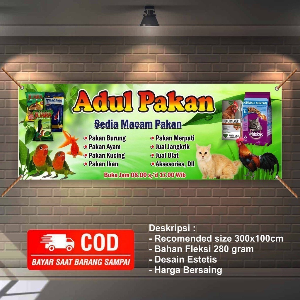 Banner Toko Pakan Hewan 3x1m – Spanduk Burung, Ayam, Ikan Hias Custom Desain COD